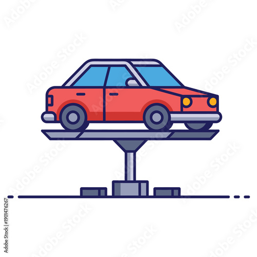Red car on a hydraulic lift for repair or maintenance in a garage or service station, flat icon style