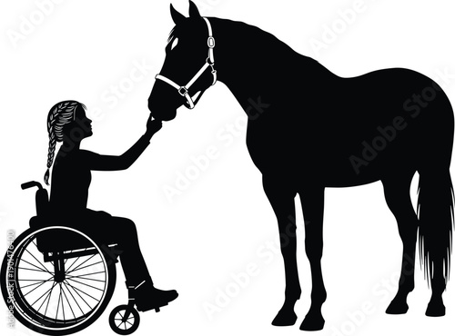 Black silhouette of girl in wheelchair touching horse nose animal