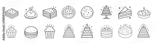 Cake dessert colorful outline icon set, birthday celebration sweet food symbol, cupcake pastry bakery treat vector illustration with editable stroke.