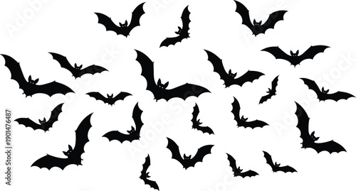 Black bats flying on white background flying bats halloween