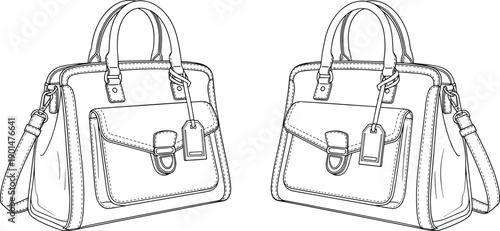 Black and white of two identical handbags with long handles and shoulder straps purse line fashion accessory