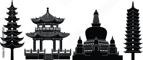 Black and white of asian temples and pagodas asian architecture silhouette