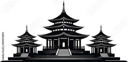 Black and white of asian temple complex with pagodas architecture