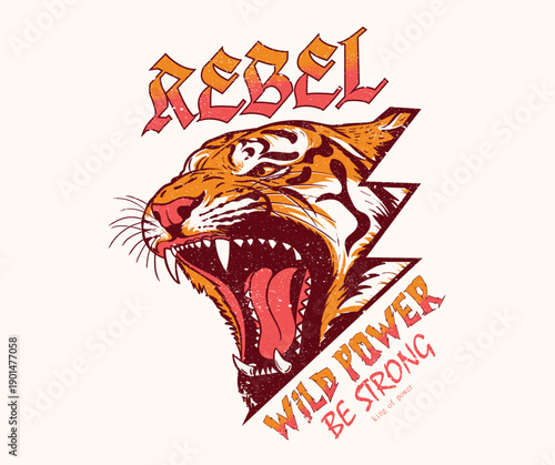 Tiger rock and roll poster design. Tiger face with rose flower artwork. Animal rock and roll artwork for fashion and others. Fearless tiger print design. Wild at the heart vector.