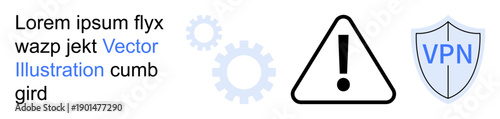 Cybersecurity, online safety, data protection, encryption, warning signs, secure access. Warning symbol, shield with VPN gears. Cybersecurity and online safety concept for warning and protection