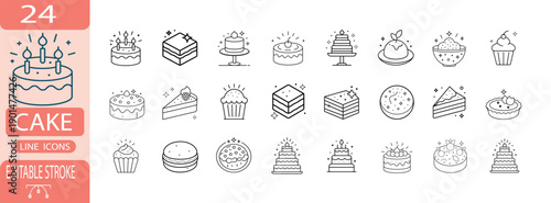 Cake dessert outline icon set, birthday celebration sweet food symbol, cupcake pastry bakery treat vector illustration with editable stroke.