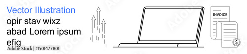 Business finance, accounting, digital tools, online banking, growth analysis, remote work. Laptop, invoice document and upward arrows. Business finance and accounting