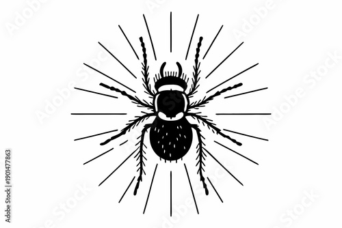 Stylized Black and White Beetle Insect Illustration with Radiating Lines.