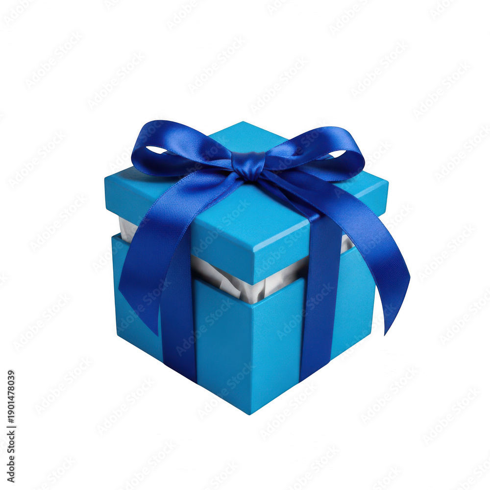 Obraz premium A beautifully wrapped blue gift box with a matching ribbon and bow. isolated on transparent background