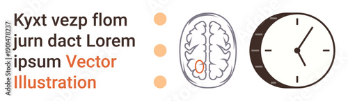 Science, education, time management, medical research, neuroscience, data visualization. Brain diagram and clock with placeholder text. Science and education concepts visually