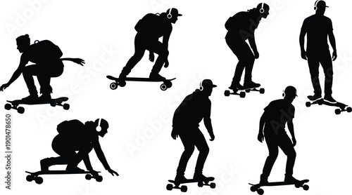 Black silhouettes of people skateboarding and listening to music skateboarder longboard