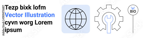 Sustainability, technology, global networks, eco-friendly innovation, organic growth. Globe, gear with wrench, bio label. Sustainability and technology concepts illustrated with key symbols