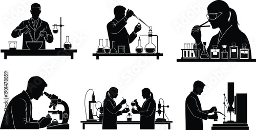 Silhouettes of scientists performing experiments in laboratory settings science research