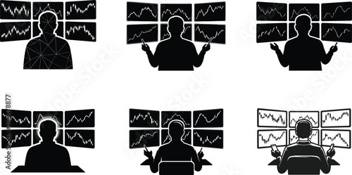 Silhouettes of traders analyzing stock market graphs on multiple screens trading