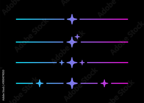 AI gradient line dividers set. Artificial intelligence neon border. Technology underline with blue and pink gradient. AI robot neural network element. Vector illustration isolated on black background.