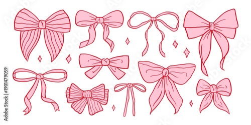 Vector whimsical bows set. Flat romantic hand drawn charming coquette bows collection for valentines card, baby shower, wedding invitation, love quote poster, sticker and modern design.