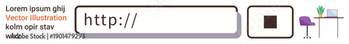 Web design, digital navigation, interface elements, online tools, workplace setup, creative workflow. A browser address bar with placeholder text alongside a desk, chair and plant. Web design