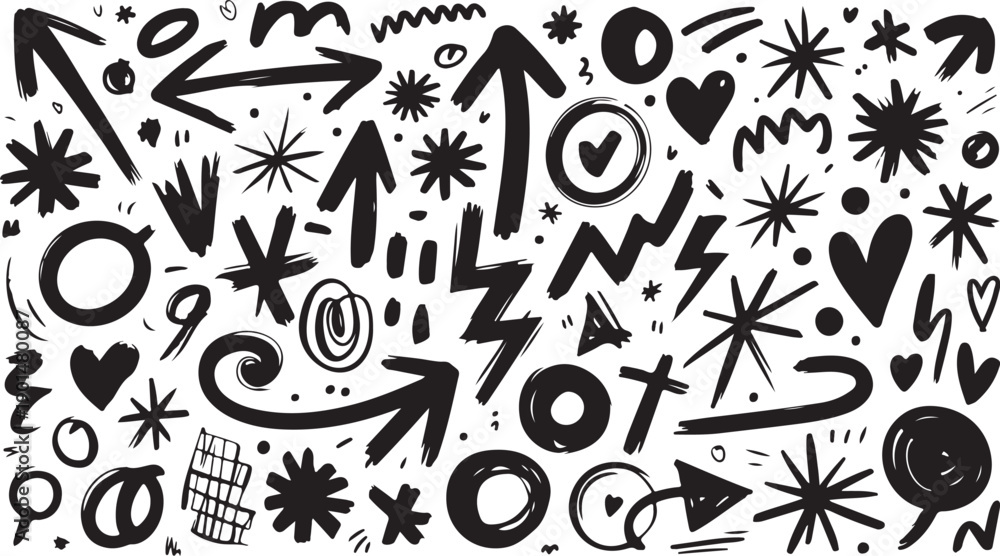 Fototapeta premium An assortment of hand drawn black doodle elements and shapes creating an expressive pattern