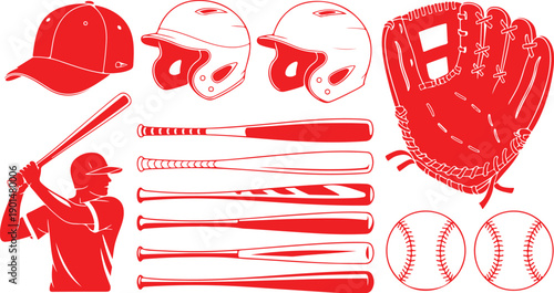 A detailed collection of red baseball gear including bats, helmets, balls, gloves, and a player silhouette