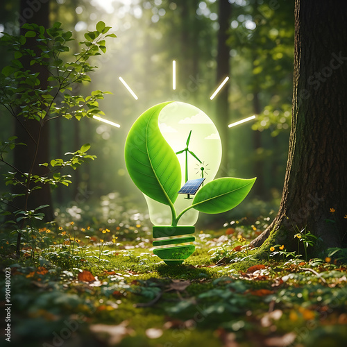 Lightbulb with leaves, solar panel, and wind turbine in forest