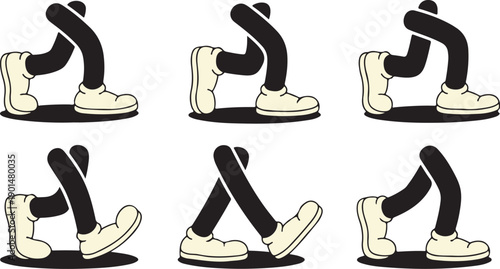A fun sequence of six stylized black cartoon legs with off white shoes depicting various stages of walking