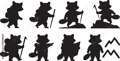 A series of eight playful raccoon silhouettes engaged in various outdoor activities like hiking and exploring