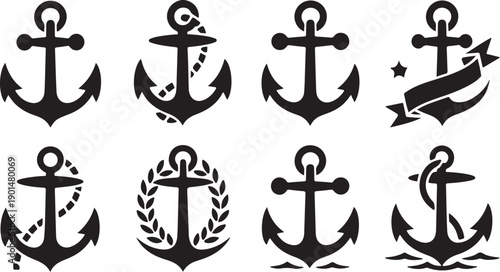 A set of eight different black anchor symbols featuring variations with ropes, waves, and wreaths