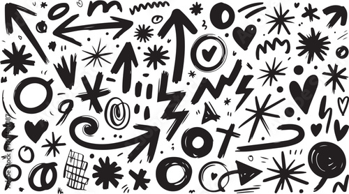 An assortment of hand drawn black doodle elements and shapes creating an expressive pattern