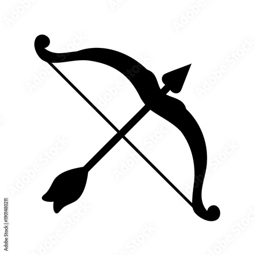 Simple black and white illustration of a drawn bow and arrow Vector, illustration
