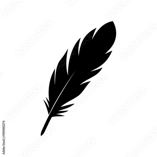 A single black feather with a detailed vane and shaft Vector, illustration