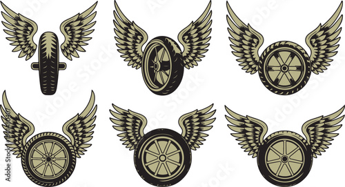Six classic motor vehicle wheels with feathered wings in various orientations on white