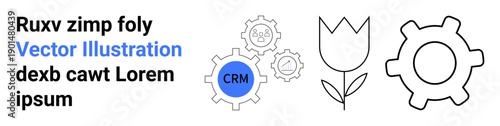Business management, customer relations, technology, process, eco-design, innovation. Gears with CRM text and a flower in minimal style. Business management and customer relations concept
