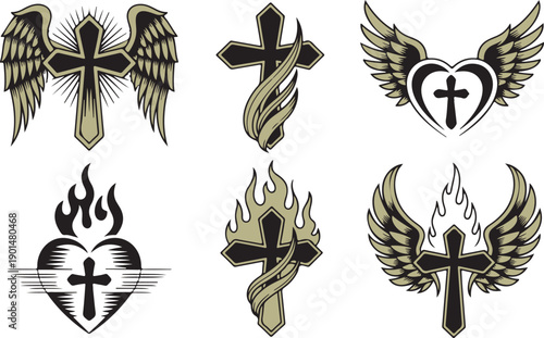 Six religious cross designs featuring ethereal wings and dynamic flames in a stylized display