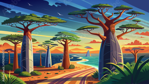 Very beautiful baobab trees near the coastline of Luanda, blending ancient African nature with ocean views, symbolizing resilience, history, and the natural spirit of Angola.