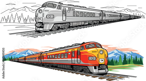 Two trains one black and white and one colorful on railroad tracks through mountain landscapes black and white train