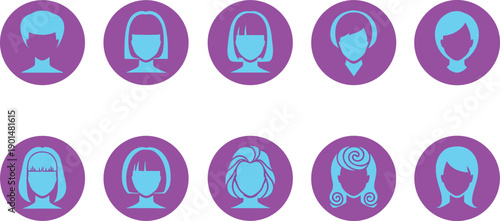 Ten stylized blue hair silhouettes on purple circles against white background hairstyles hair styles