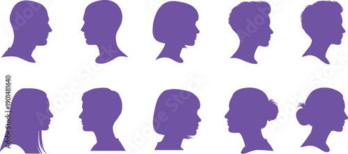 Ten purple human head silhouettes in profile facing right on white background