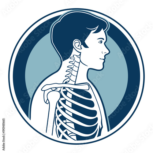Stylized Human Neck & Spine Skeleton Profile in Circle - Anatomy Emblem