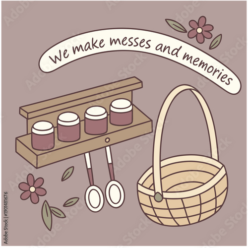 Cozy Pantry Shelf with Jars, Spoons & Basket - Rustic Kitchen Illustration