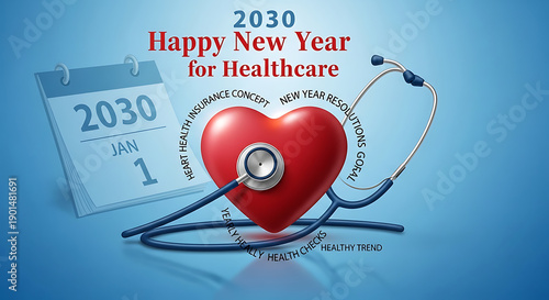 Happy New Year 2030 for Healthcare concept with heart, stethoscope, calendar