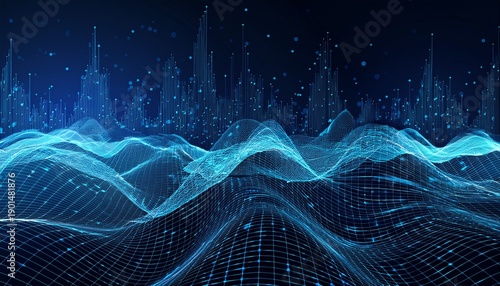abstract line waves digital waves business graph waves and technology graph abstract blue technology background with a cyber network grid and connected particles digital connectivity ai