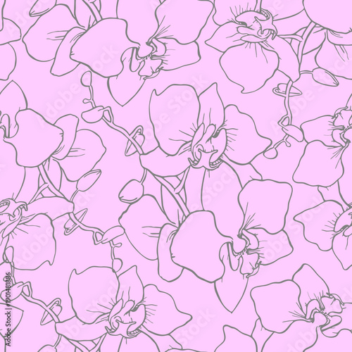 seamless pattern of large gray silhouettes of orchids on a pink background, texture, design