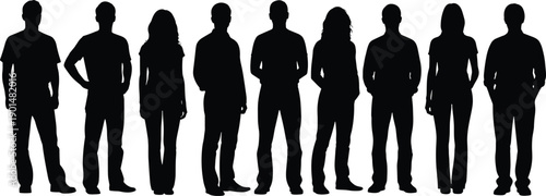 Group of diverse male and female silhouettes standing in a line people