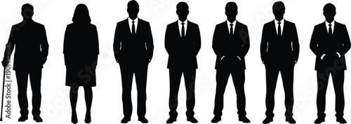 Group of seven black suit silhouettes on white background one woman and one man with cane business people