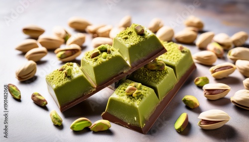 indulge in luxurious dubai chocolate bars filled with green pistachio paste surrounded by crunchy pistachios for a gourmet nutty experience