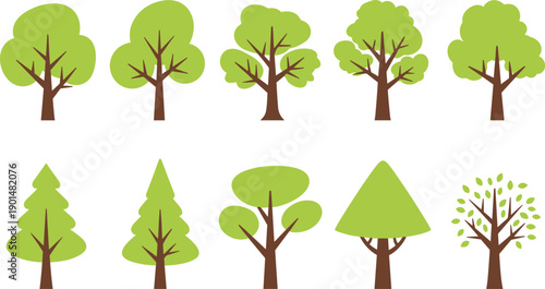 Green trees with brown trunks in various shapes and sizes silhouettes tree silhouettes