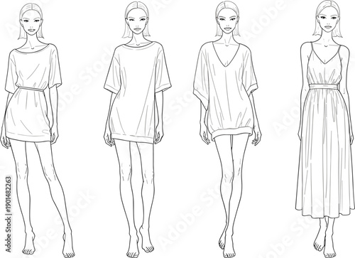 Four fashion line of women in dresses and tunics fashion line women female style clothing