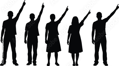 Five black silhouettes of people pointing upwards with index fingers