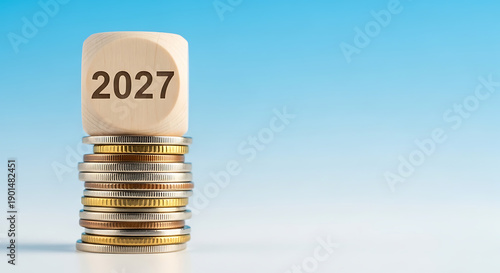 2027 Financial Goal: Stacks of Coins with Year on Cube