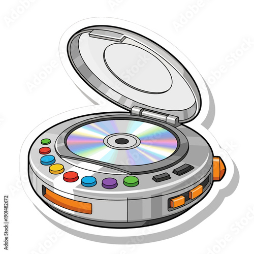 Portable CD Player with Disc Inside Sticker Illustration.